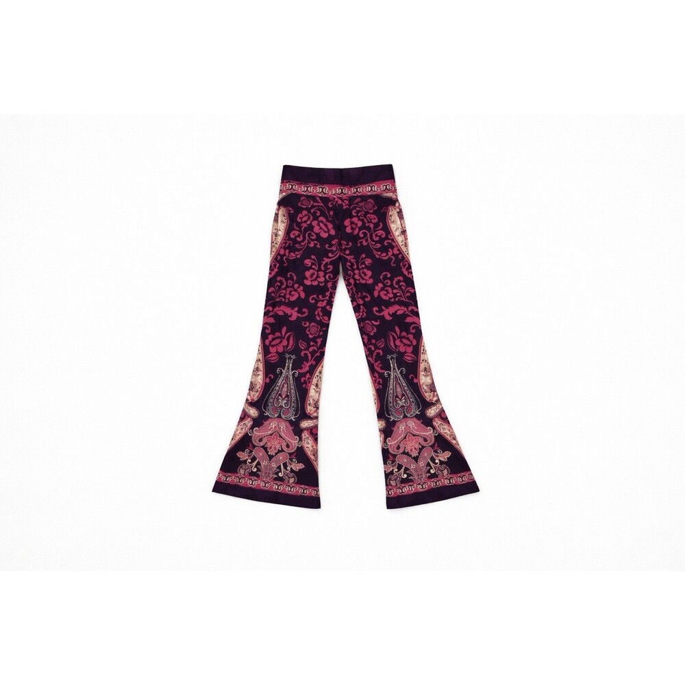 Paisley Flare Pants Silky Boho 70s High Rise Side Zip Festival Pants Size 6 - Picture 4 of 8